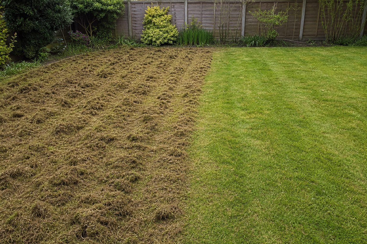 Lawn part-way through scarification with raked-out moss on one half