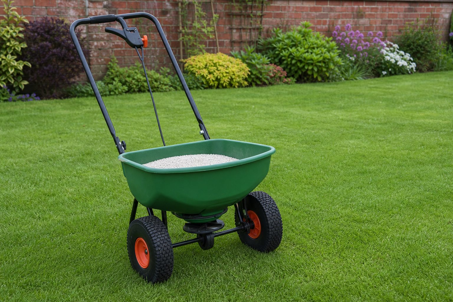 Granular fertiliser spreader on a healthy green garden lawn