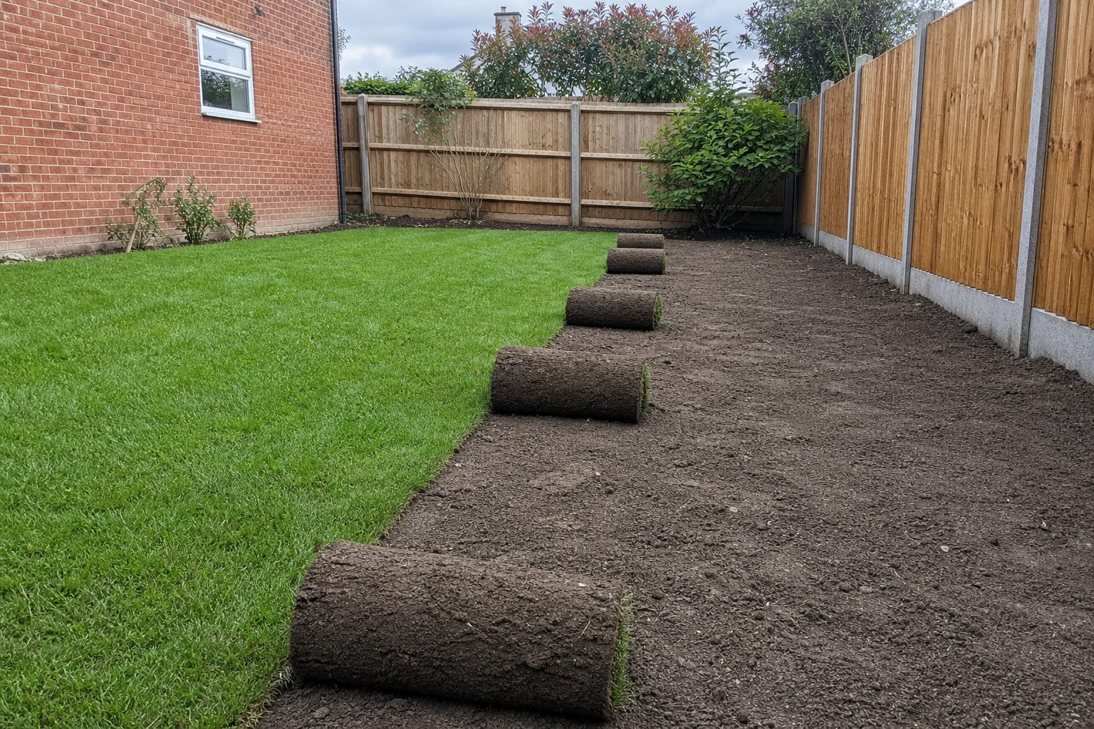 Rolls of fresh turf being laid on prepared soil in a fenced back garden